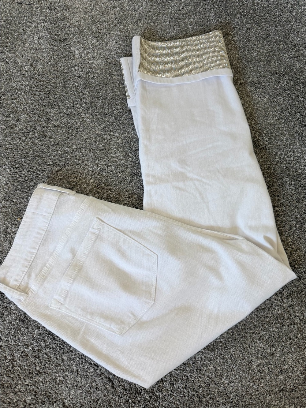 Karl Lagerfeld Paris High-Rise Crystal-Cuff White Denim Jeans